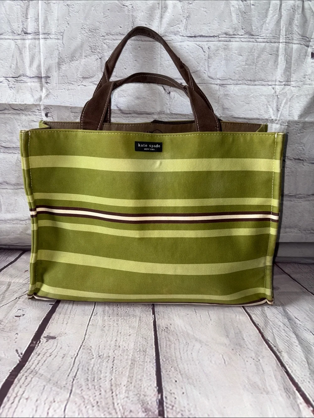 Vintage Kate Spade New York Green Striped Canvas Tote